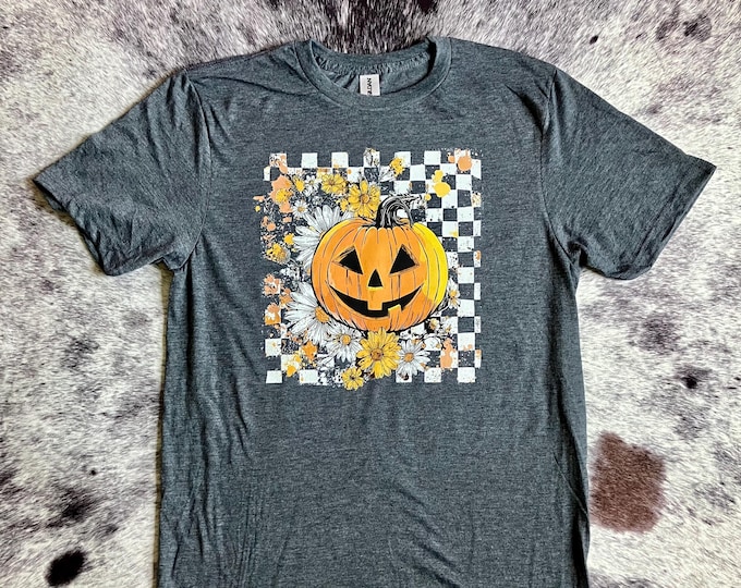 Checkered Pumpkin & Floral Halloween Tee