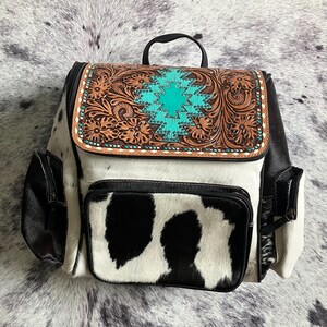 Turquoise Tooled Leather Cowhide Backpack: Western Aztec  display picture 1