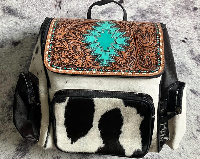 Turquoise Tooled Leather and Cowhide Backpack