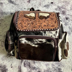 Spades Tooled Leather and Cowhide Backpack | Western Cowhide & Tooled Leather Backpack – Rustic Cowgirl Travel Bag with Heart Inlay