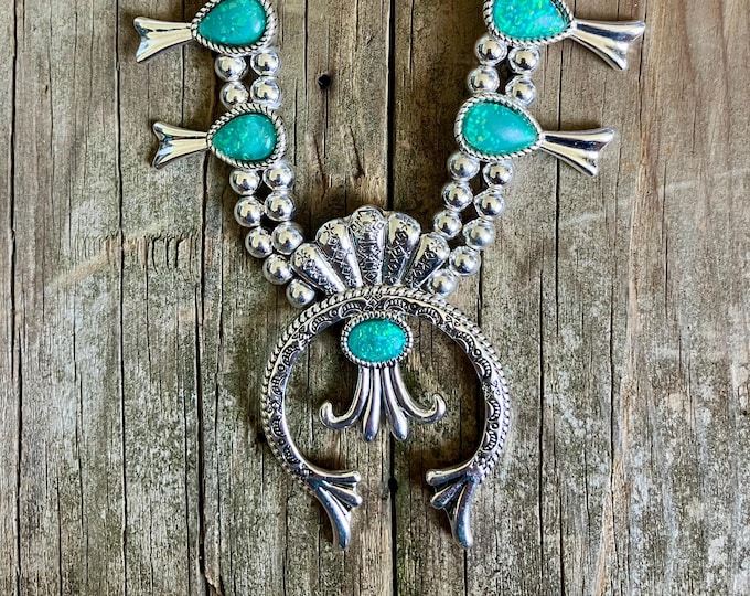 Western Turquoise Inspired Squash Blossom Necklace and Earring Set