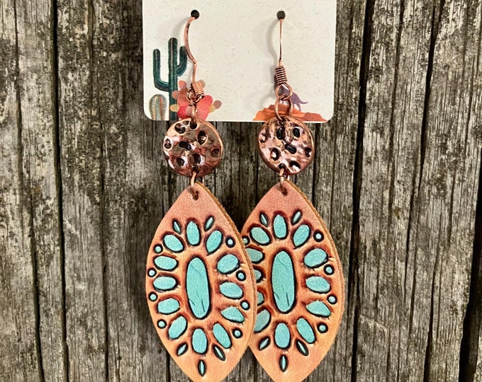 Hammered Coppertone and Turquoise Leather Earrings
