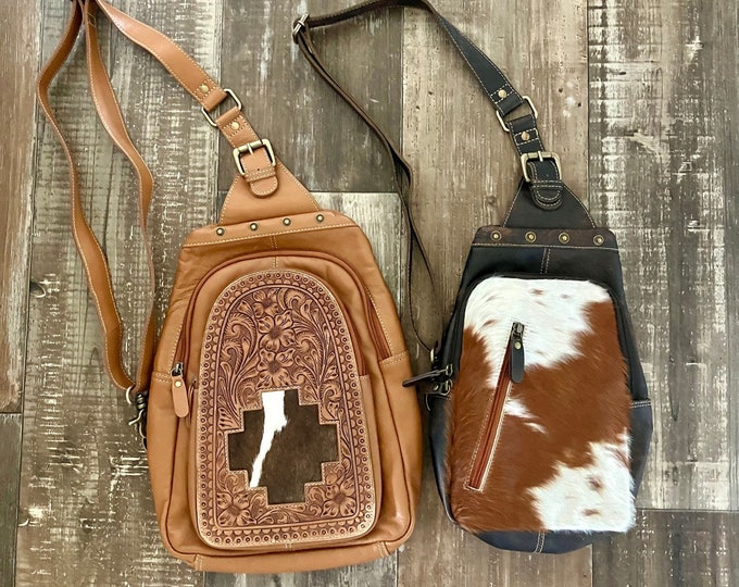 Western Tooled Cowhide Sling Bag | Western Fanny Pack |