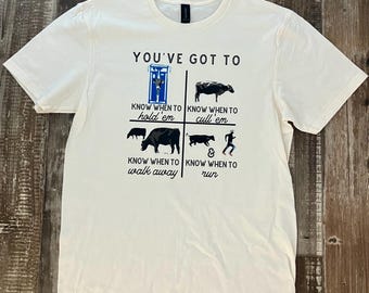 Funny Rancher Graphic Tee: Know When to Hold 'Em Cow Shirt