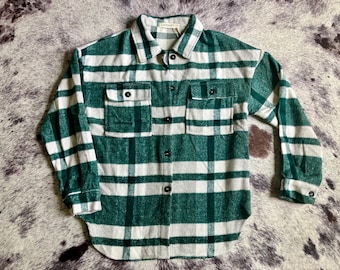 Evergreen Plaid Flannel Shacket | Soft Green Button-Up Fall Shirt | Cozy Western Layering Piece