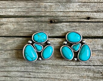 Western Turquoise Cluster Earrings, Silver Statement Cowgirl Jewelry, Rustic Rodeo Style