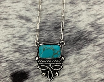 Boot Stitch Style Necklace | Western Turquoise Pendant | Silver Chain Necklace | Cowgirl Statement Jewelry |