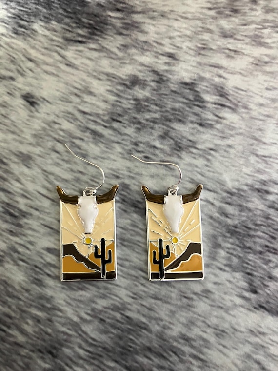Southwestern Scene Earrings | Steer Skull | Cactus | Sunrise |