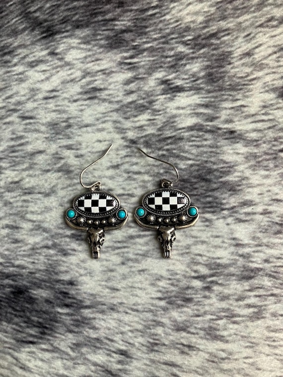 Checkered Steer Skull Earrings