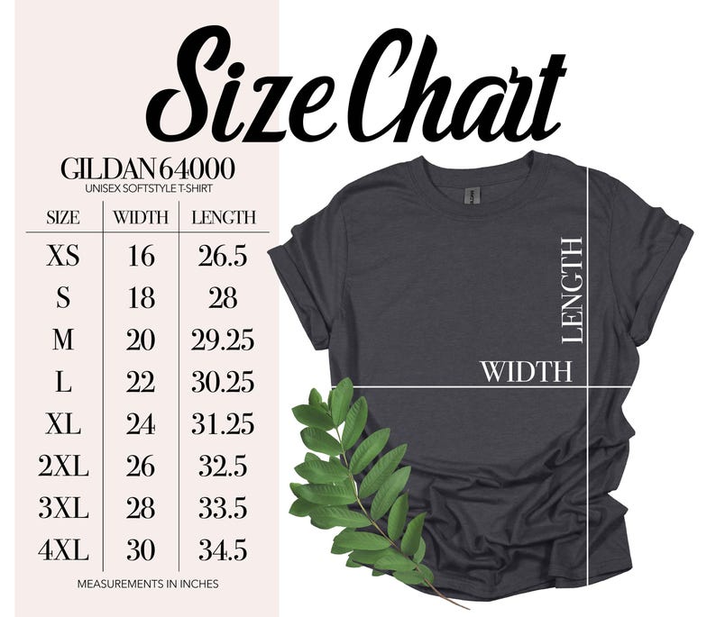 Pu&ograve; includere: Tabella delle taglie per una t-shirt unisex Gildan 64000 softstyle. La tabella mostra le misure di larghezza e lunghezza in pollici per le taglie XS a 4XL.