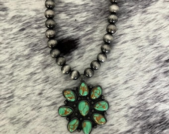 Turquoise Cluster Statement Necklace | Western Beaded Pendant | Cowgirl Style Jewelry