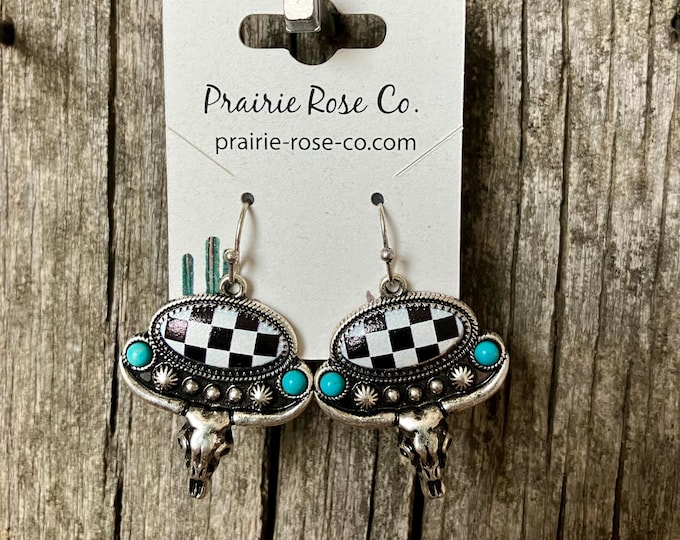 Checkered Steer Skull Earrings