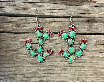 Turquoise Cactus Earrings, Prickly Pear, Western Statement Earrings, Cowgirl Jewelry