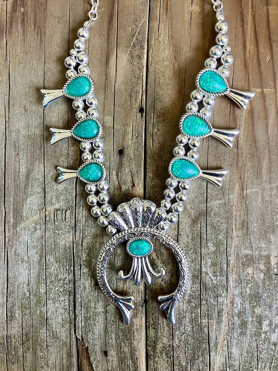 Western Turquoise Inspired Squash Blossom Necklace and Earring Set