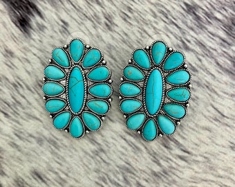Turquoise clusteroorbellen, westerse statementoorbellen, cowgirl-sieraden