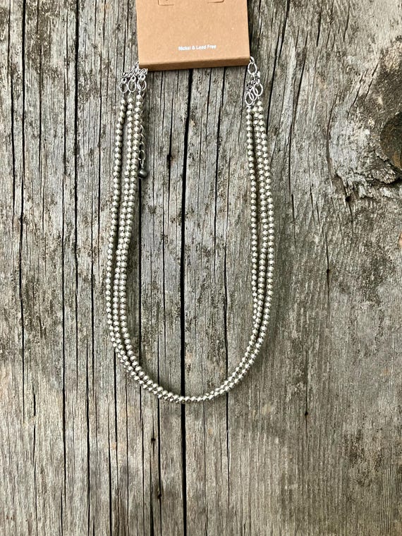 Triple Strand Silver-Tone Bead Choker