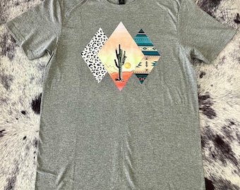 Camiseta con estampado de cactus del suroeste, camiseta vaquera con atardecer en el desierto, camiseta vaquera de inspiración azteca