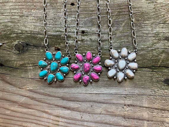 Turquoise Stone Flower Concho Pendant Necklace