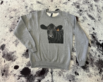 Western Cow Sweatshirt, Grey Ranch Crewneck, Cozy Cowgirl Pullover