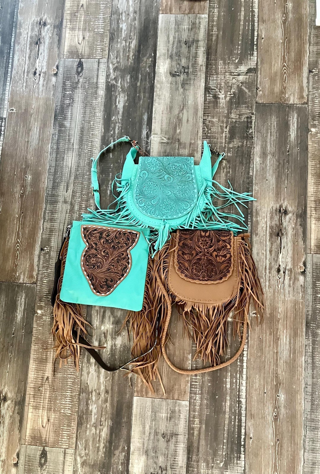 Genuine Tooled Leather Coffee Fringe Crossbody main image 1