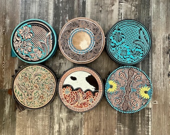 Canteen Purse | Round Tooled Cowhide Purse |