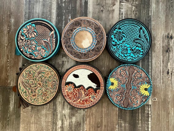 Canteen Purse | Round Tooled Cowhide Purse |