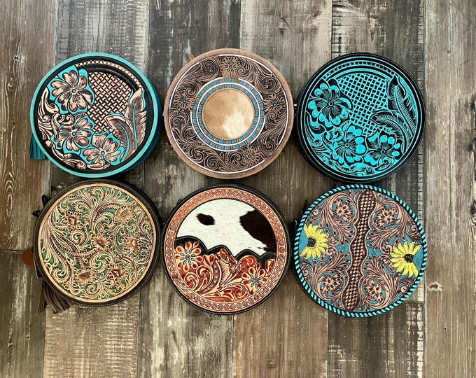 Canteen Purse | Round Tooled Cowhide Purse |