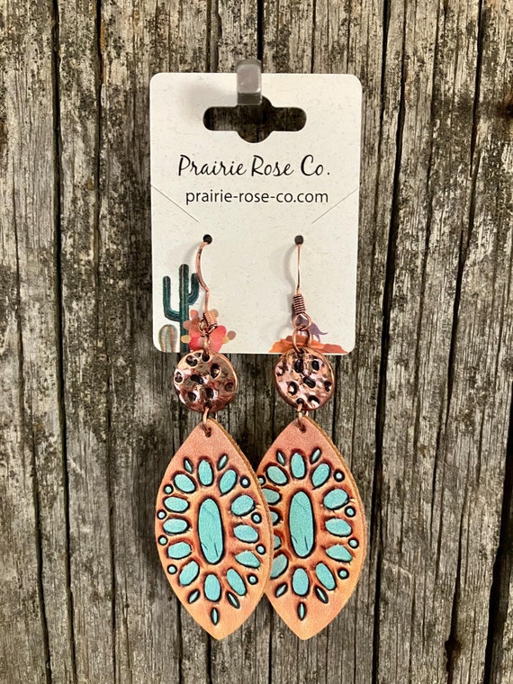 Hammered Coppertone and Turquoise Leather Earrings