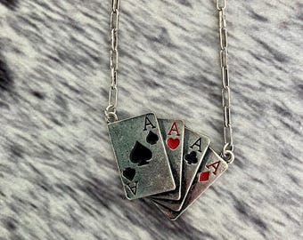 Western Playing Card Pendant Necklace, Cowgirl Poker Charm Jewelry, Silver Statement Chain