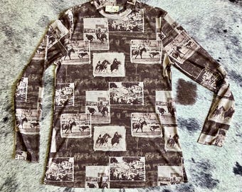 Vintage Rodeo Print Mesh Long Sleeve | Western Cowgirl Top | Sheer Layering Shirt | Retro Rodeo Scene Print |