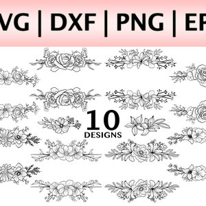 May include: A set of 10 black and white floral divider designs. The designs feature various floral arrangements, including roses, lilies, and other flowers. The designs are perfect for adding a touch of elegance to any project.