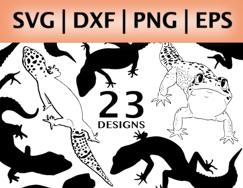 Pu&ograve; includere: Un set di 23 design digitali con illustrazioni in bianco e nero di gechi. I design includono sia gechi neri solidi che gechi con motivi.