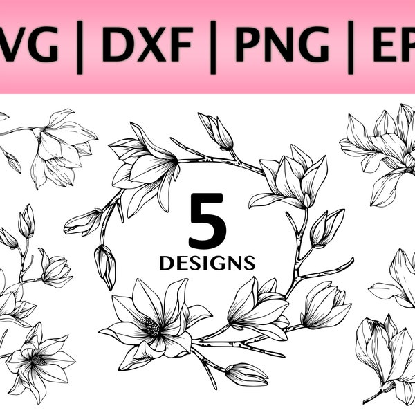 Magnolia SVG Bundle (5 Designs) Floral Corner svg | Floral Swag svg | Floral Border svg | Tropical Wreath svg