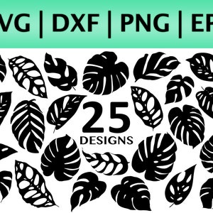 May include: A collection of 25 black and white silhouette designs of tropical leaves. The designs are perfect for crafting projects, scrapbooking, and more.