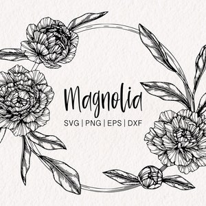 May include: Black and white line art illustration of magnolia flowers in a wreath shape. The text "Magnolia" is written in a cursive font with the words "SVG | PNG | EPS | DXF" below it.