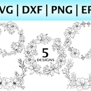 May include: Five black and white floral wreath designs. The wreaths are made of various flowers and leaves. The text "5 DESIGNS" is in the center of the image.