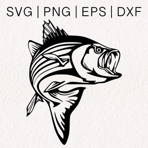 May include: Black and white line art illustration of a striped bass fish with its mouth open. The fish is facing to the right and has a detailed design.