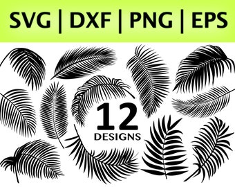May include: Black and white digital design elements featuring 12 different palm leaf designs. The image includes the file types SVG, DXF, PNG, and EPS in the top left corner.