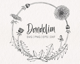 May include: Black and white line art illustration of a dandelion wreath. The wreath is made up of dandelion flowers, buds, and leaves. The text "Dandelion SVG | PNG | EPS | DXF" is written below the wreath.