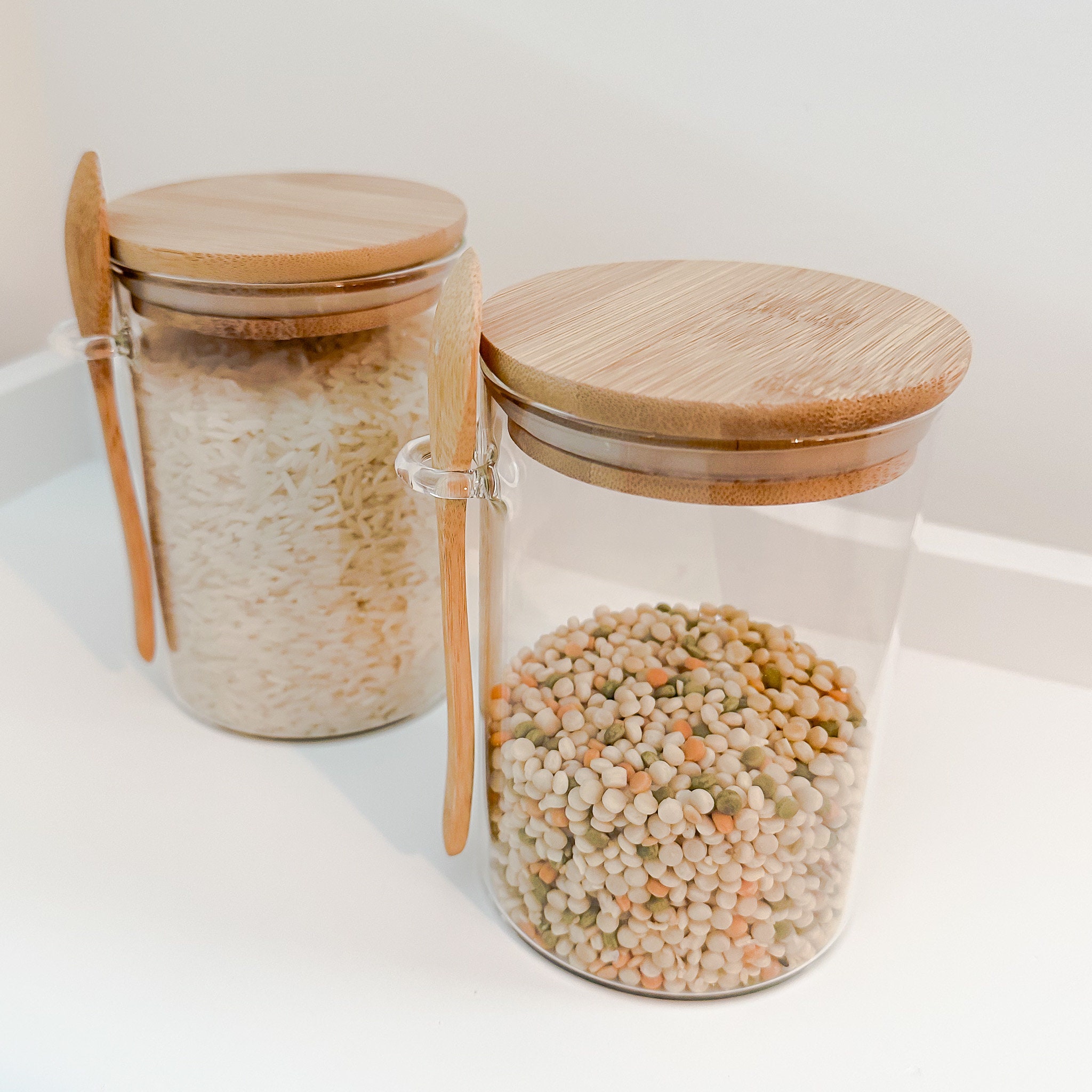  Set of 3 Airtight Glass Jars with Bamboo Lids & Bamboo Spoons,  Overnight Oats Containers with Lids, 17-Oz Glass Canisters Hold Coffee  Beans, Tea, Flour, Sugar, Nuts, Candy, Bath Salts 