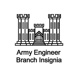 May include: Black and white line drawing of a castle with two towers and the text "Army Engineer Branch Insignia".