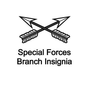 Op de afbeelding: Zwart-witte illustratie van twee gekruiste pijlen met veren. De tekst "Special Forces Branch Insignia" staat onder de pijlen.
