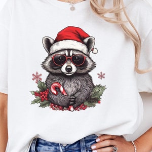 Mapache navideño PNG Lindo diseño de sublimación de panda de basura navideña Mapache divertido y bastones de caramelo Descarga digital Png navideño de moda