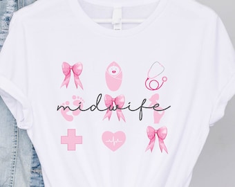 Sage-femme Png Chemise de sage-femme Travail et accouchement Png Cadeau sage-femme Mère bébé infirmière Doula Png Noeud rose Png Coquette Png Stéthoscope Png