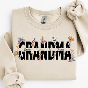 Plantilla PNG floral retro personalizable para abuela, para nombres de nietos, camiseta de abuela, camiseta del Día de la Madre, camiseta con flores bohemias, nombre dividido personalizado