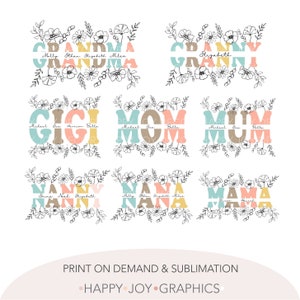 Plantillas PNG personalizables de paquete de mamá, nombre dividido en PNG, abuela personalizada, mamá, mamá, abuela, niñera Nana, Gigi, arte lineal floral para el día de la madre PNG