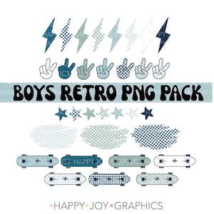 May include: A digital graphic pack with a retro theme. The design includes lightning bolts, peace signs, stars, and skateboards in shades of blue and white. Text reads "BOYS RETRO PNG PACK" and "HAPPY JOY GRAPHICS".