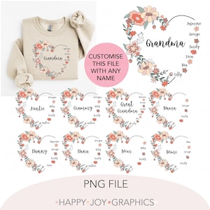 Bundle Custom Grandma Floral Heart And Grandkids Name Png Mama Garden Png Wildflower Png Personalised Heart Gift For Grandma Kids Names Png