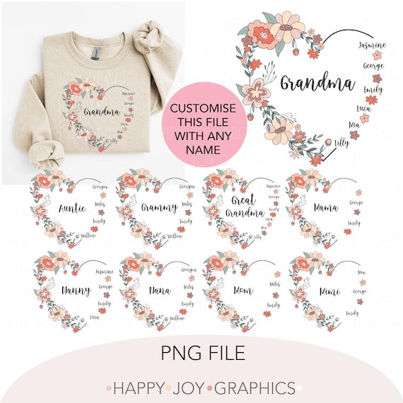 Bundle Custom Grandma Floral Heart And Grandkids Name Png Mama Garden Png Wildflower Png Personalised Heart Gift For Grandma Kids Names Png