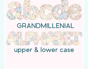 Grandmillennial Alphabet PNG Preppy Floral & Gingham Alpha Set Uppercase and Lowercase Coquette Letters Stripe  Whimsical Digital Download